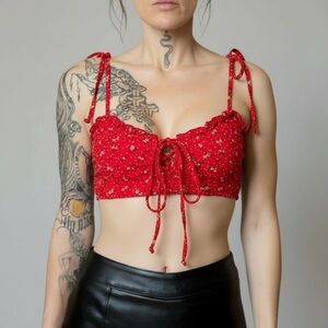 PrettyLittleThing Red Floral Ruffle Top